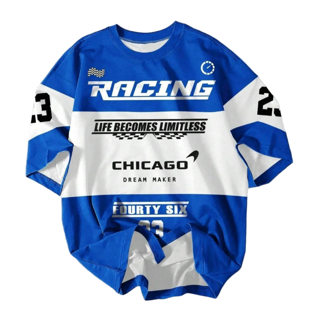Blue and white racing jersey with text on a gray background