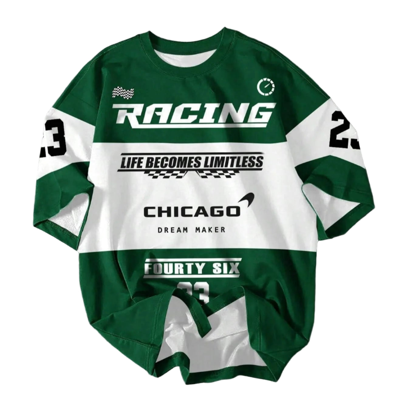 Green and white racing-themed shirt on a gray background