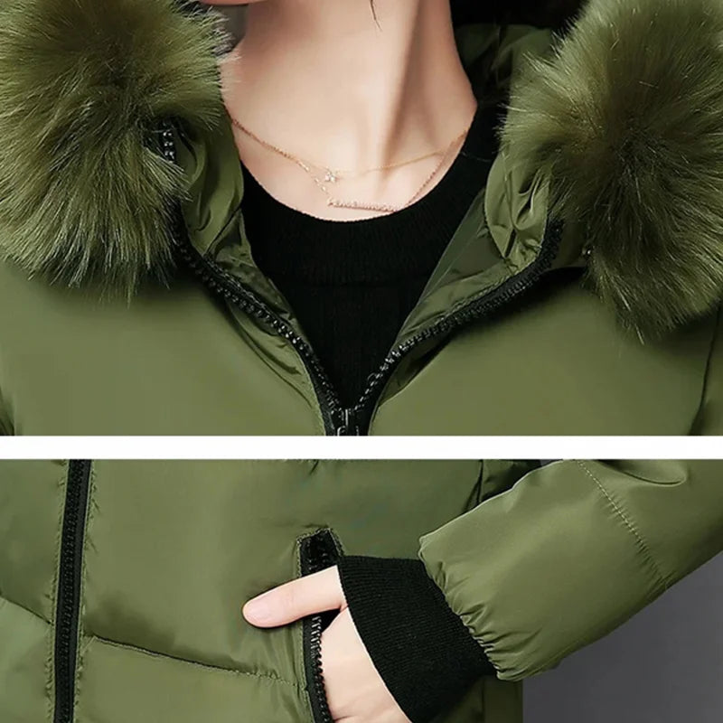 Green Elegant Women's Fur Collar Winter Parka Showcase 2
