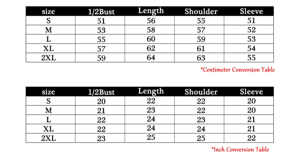 Asian size chart for clothing with measurements in centimeters and inches.