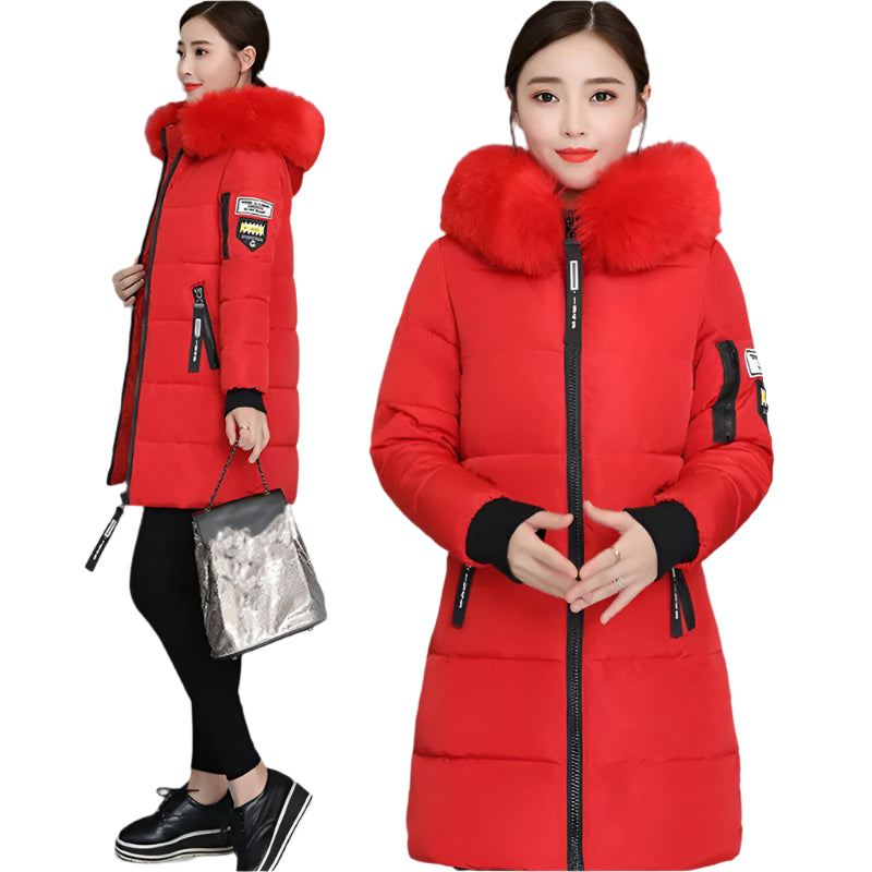 Red Elegant Women's Fur Collar Winter Parka Showcase
