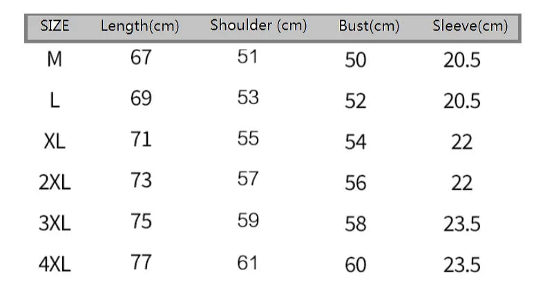 T-shirt size chart with measurements for length, shoulder, bust, and sleeve.