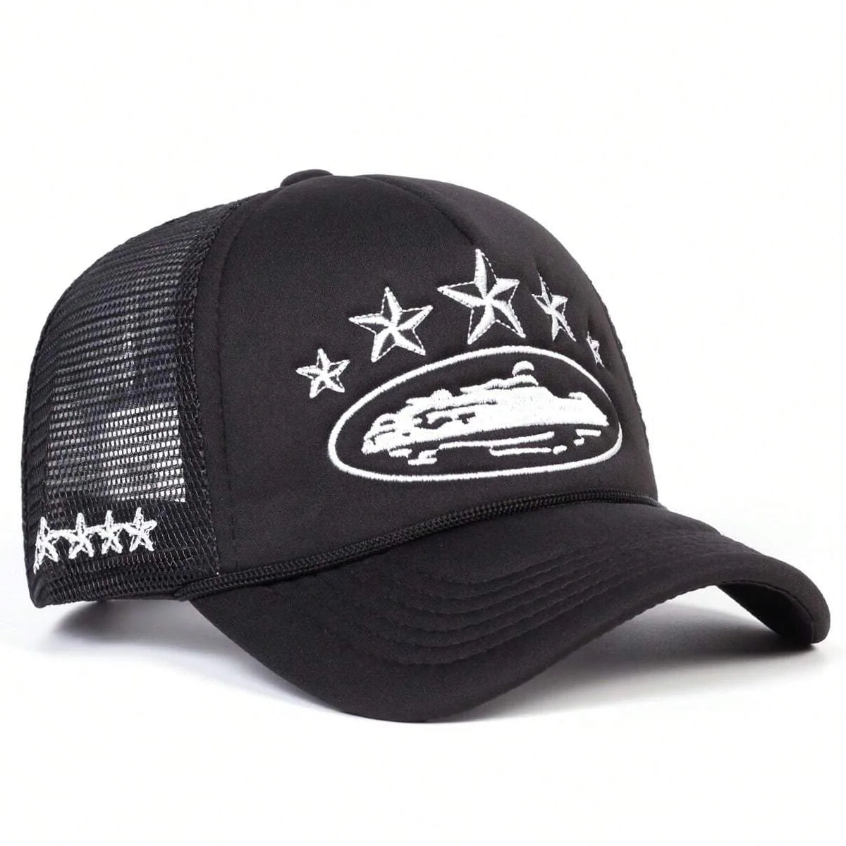 Black trucker cap with white star design and logo on a white background