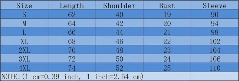 Clothing size chart with measurements for length, shoulder, bust, and sleeve.