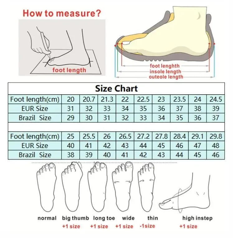 Foot measurement chart with illustrations and size chart for shoes