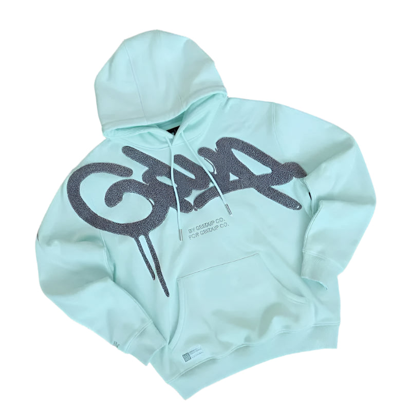 Light blue hoodie with dark gray text on a dark background