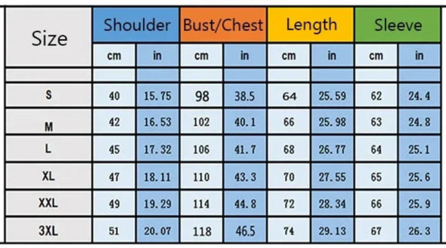Size chart for clothing with measurements in centimeters and inches.