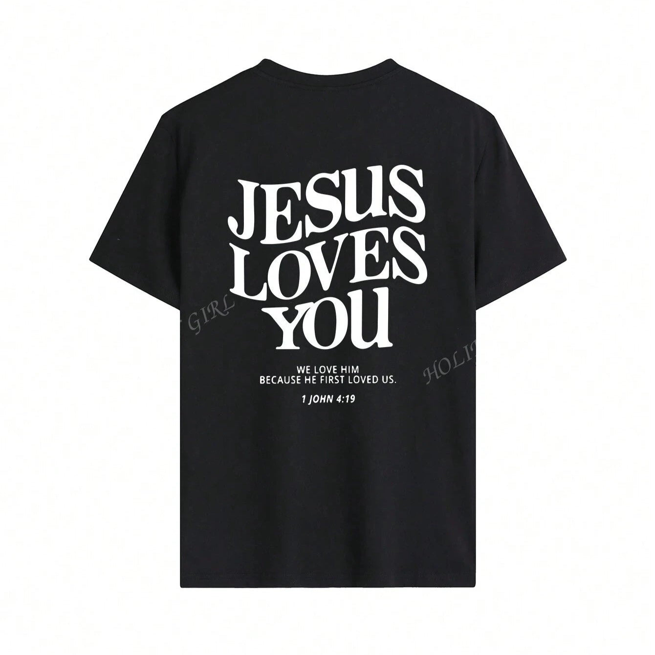Black t-shirt with 'Jesus Loves You' text on the back against a white background