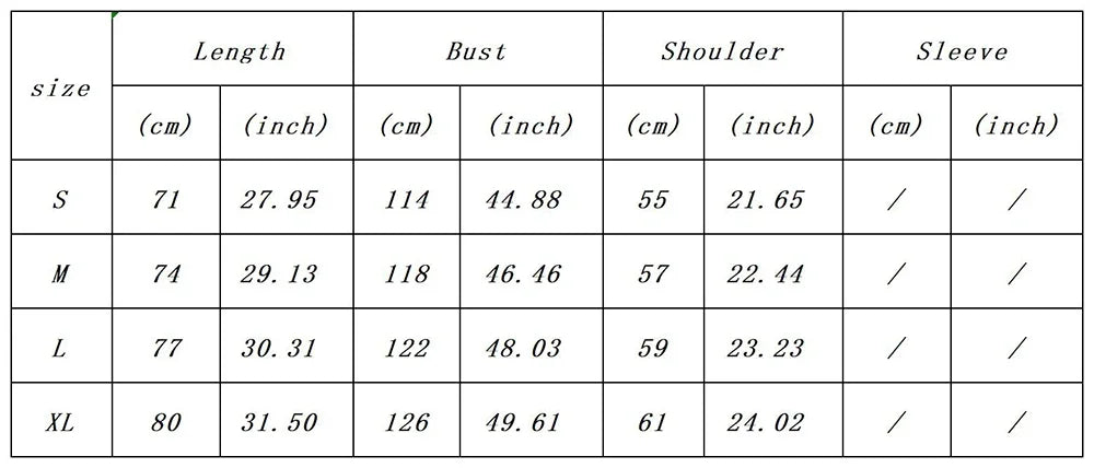 Table showing measurements for different sizes of a garment in centimeters and inches.