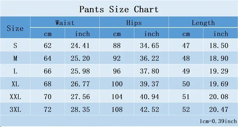 Pants size chart with measurements in centimeters and inches