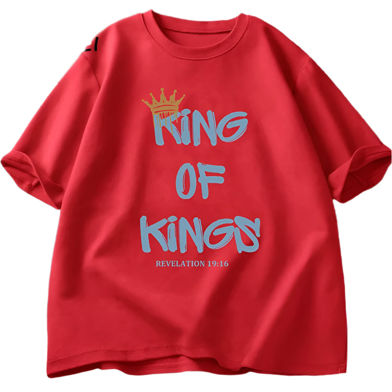 Red t-shirt with blue text 'King of Kings' on a white background