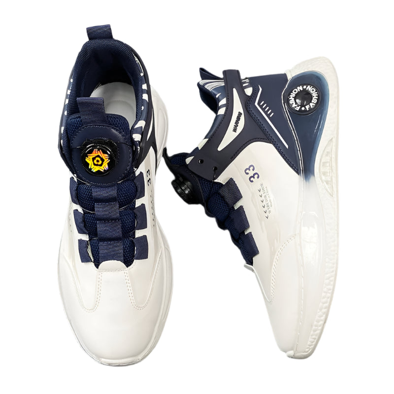 White sneakers with navy accents on a dark surface with jeans underneath