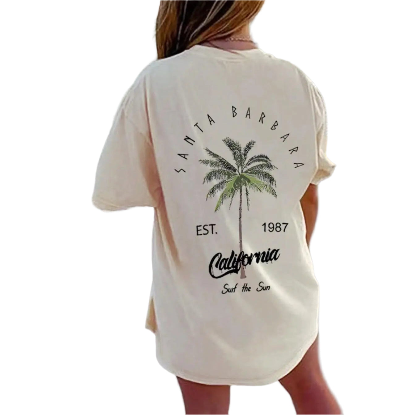 Person wearing a 'Santa Barbara, California' t-shirt with palm tree design on a beach at sunset.