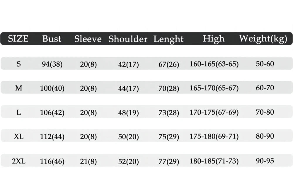 Size chart for shirts with measurements and weight information.