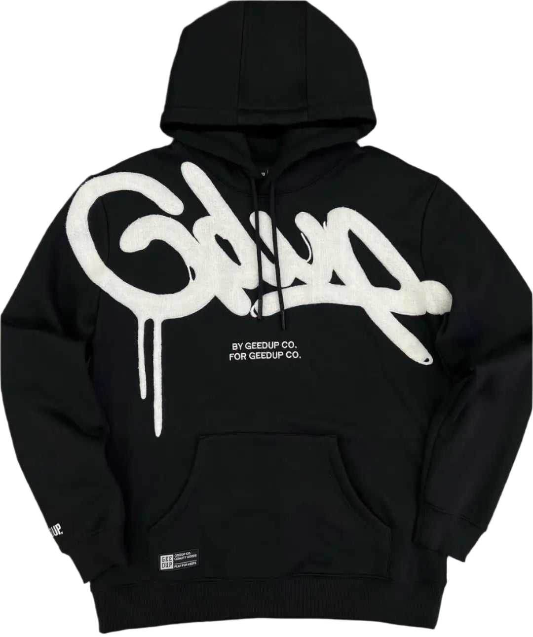 Black hoodie with white logo on a gray background