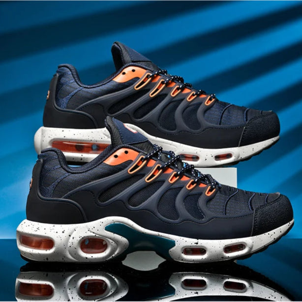 Black and orange athletic shoes on a blue gradient background with promotional text.