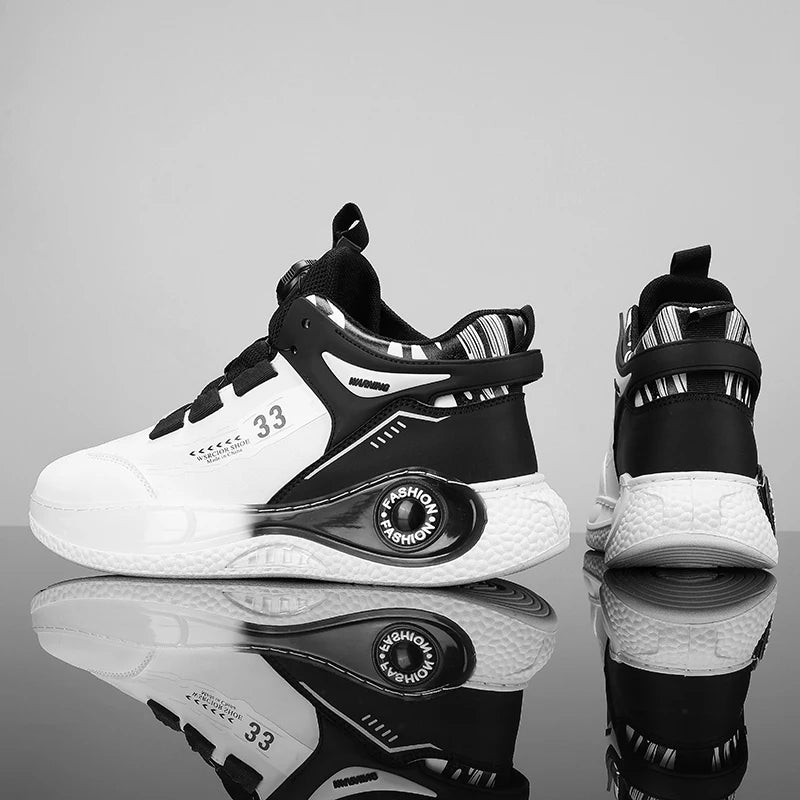 Black and white sneakers with 'Fashion' and '33' branding on a reflective surface.
