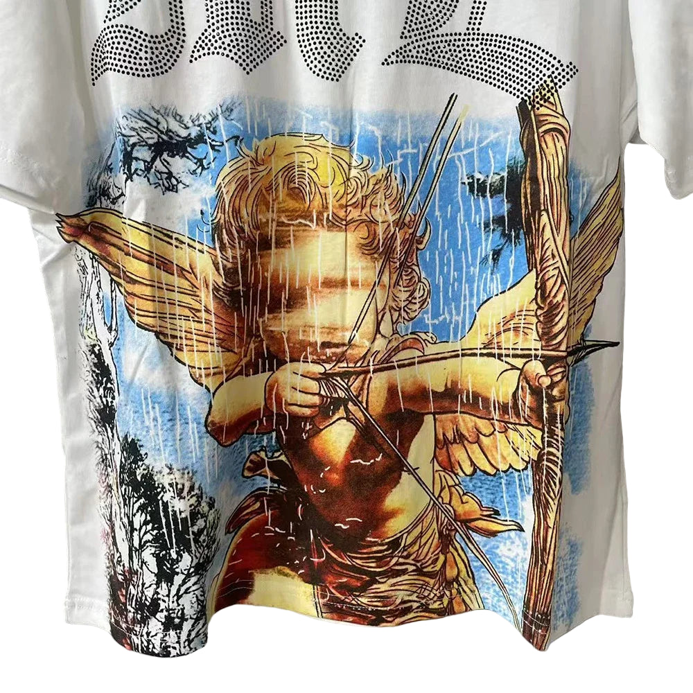 T-shirt with Cupid graphic design on a plain background