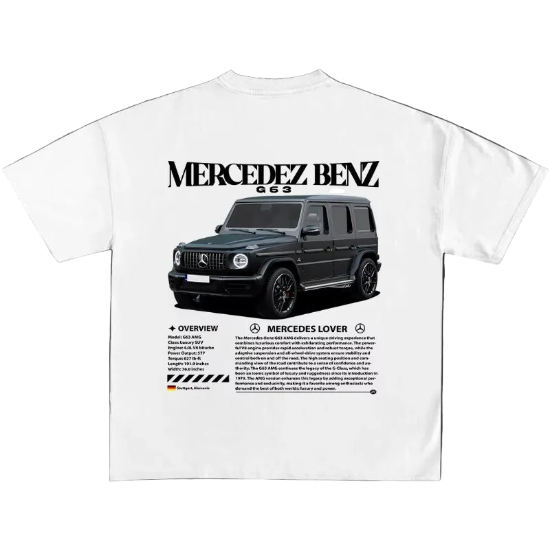 White t-shirt with Mercedes-Benz G63 graphic and text on a dark background