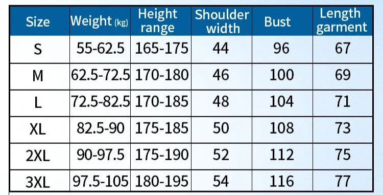 Short-sleeved product size chart with measurements for weight, height, shoulder width, bust, and garment length.