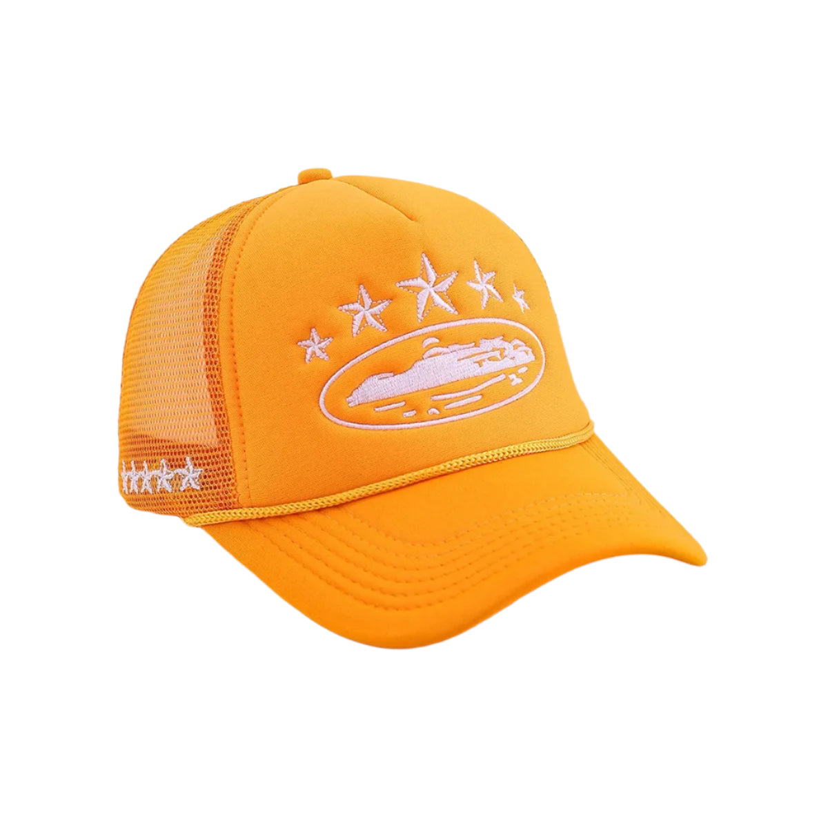Orange cap with white embroidered design on a beige background