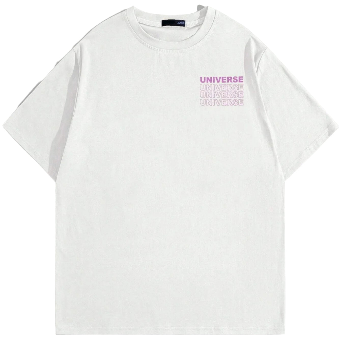 White t-shirt with pink text on a gray background