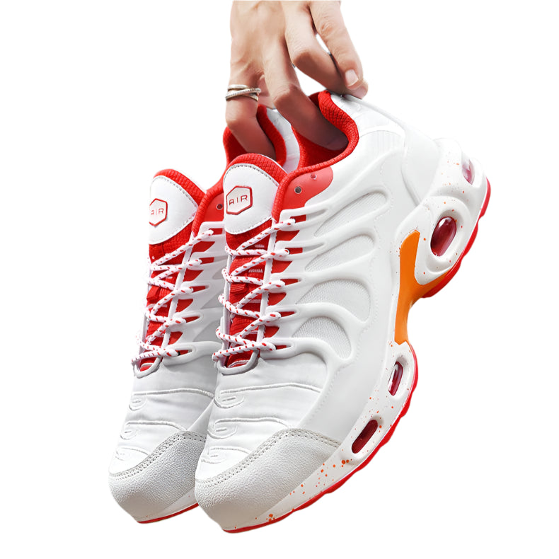 White sneakers with red accents held by a person, with text 'Stylish Men. Fashion' above.