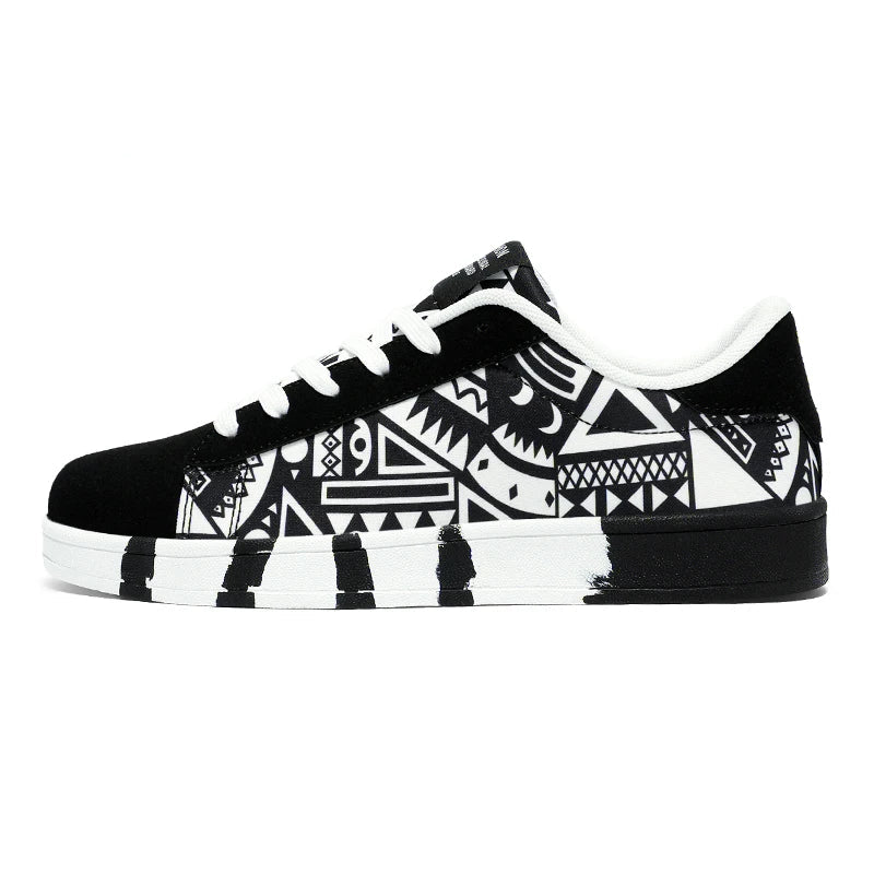 Black and white patterned sneakers with a visible brand logo on a white background