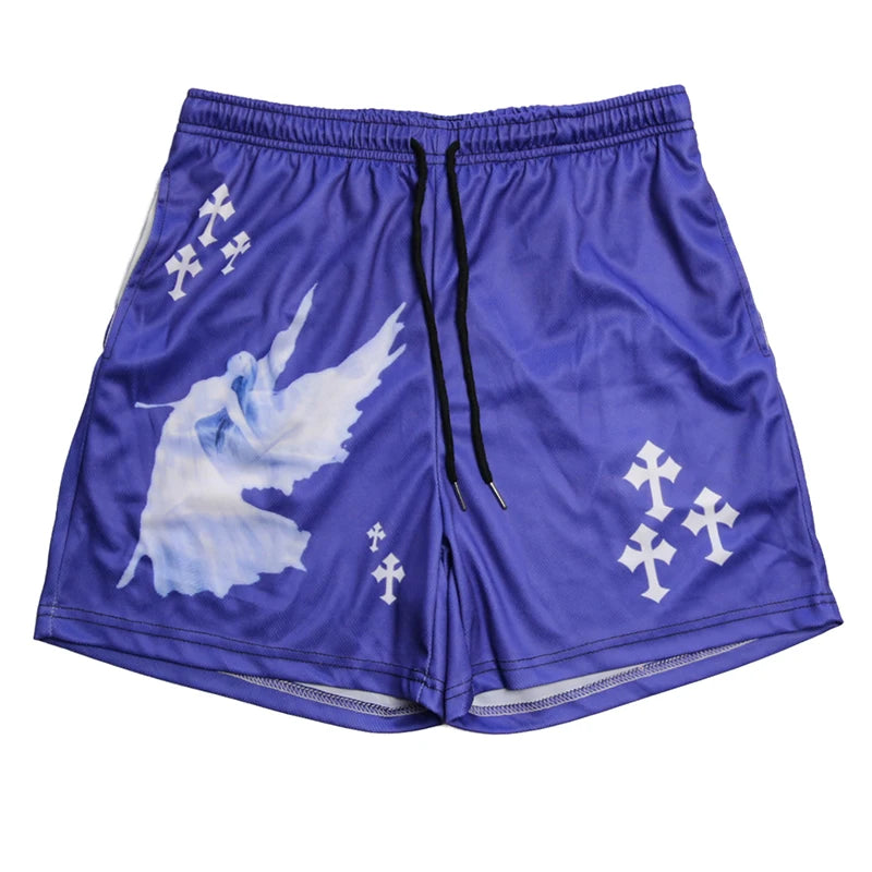 Purple shorts with white graphics on a white background