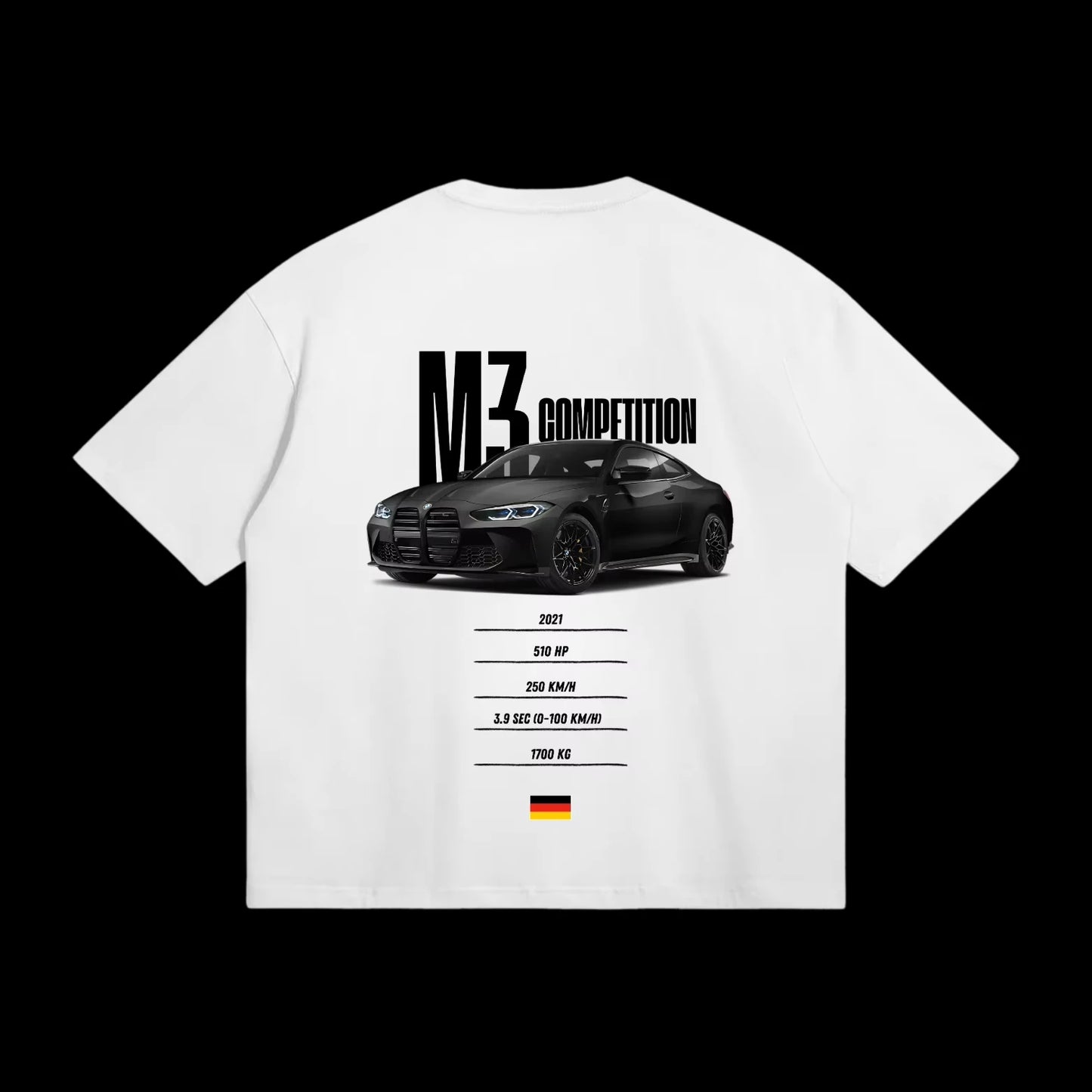 White t-shirt with black car graphic and text on a white background