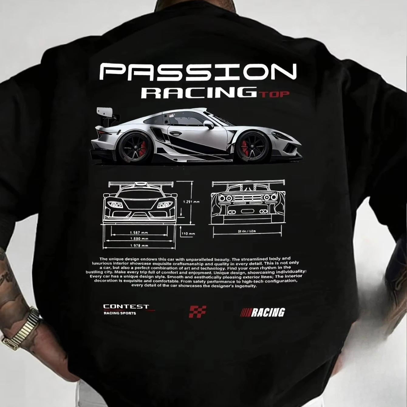 Person wearing a black 'Passion Racing' shirt with car design and text on a white background