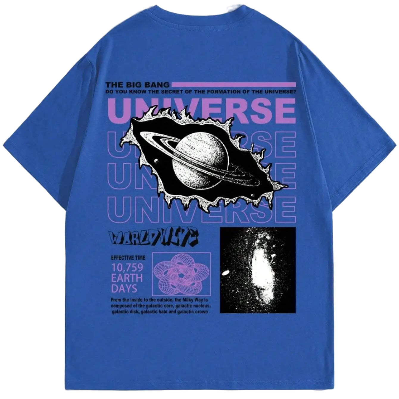 Blue t-shirt with space-themed design on a white background
