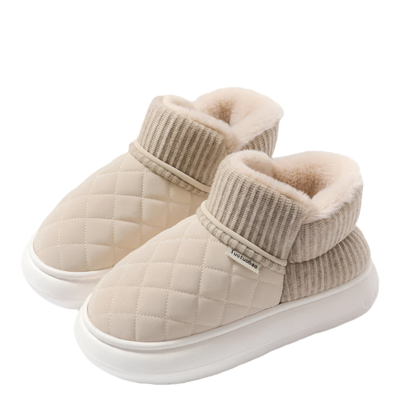 Beige quilted snow boots with white soles on a beige background, featuring text 'Warm and cold proof' and 'Comfortable & Lightweight'.