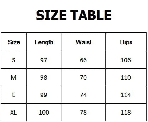 Size table for clothing with measurements in centimeters