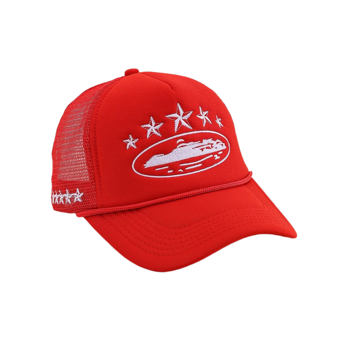 Red cap with white embroidered design on a beige background