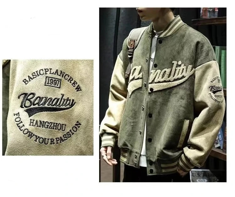 American Embroidered Suede Varsity Pilot Jacket - Retro