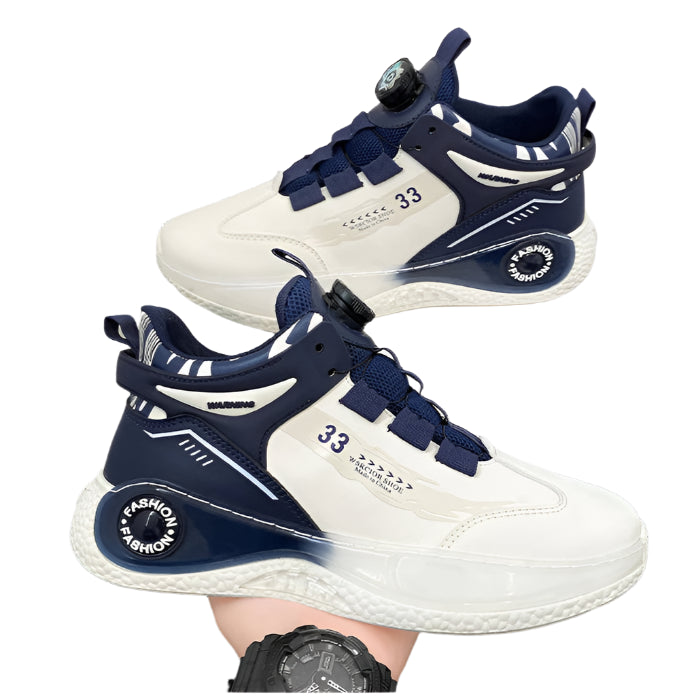 White and navy high-top sneakers with a visible brand logo on a white background.