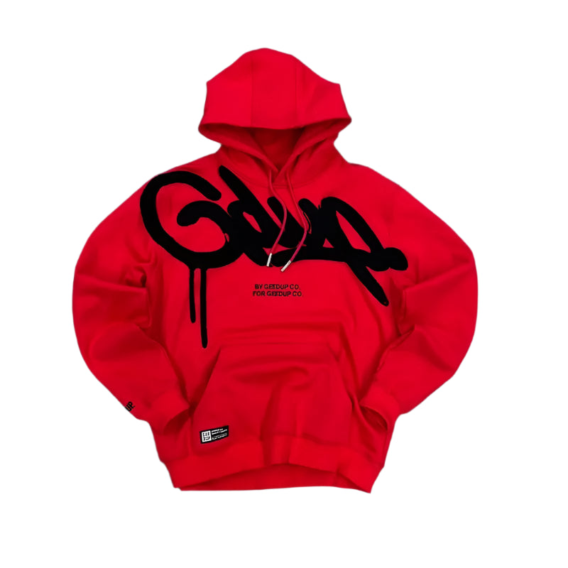 Red hoodie with black text on a gray textured background
