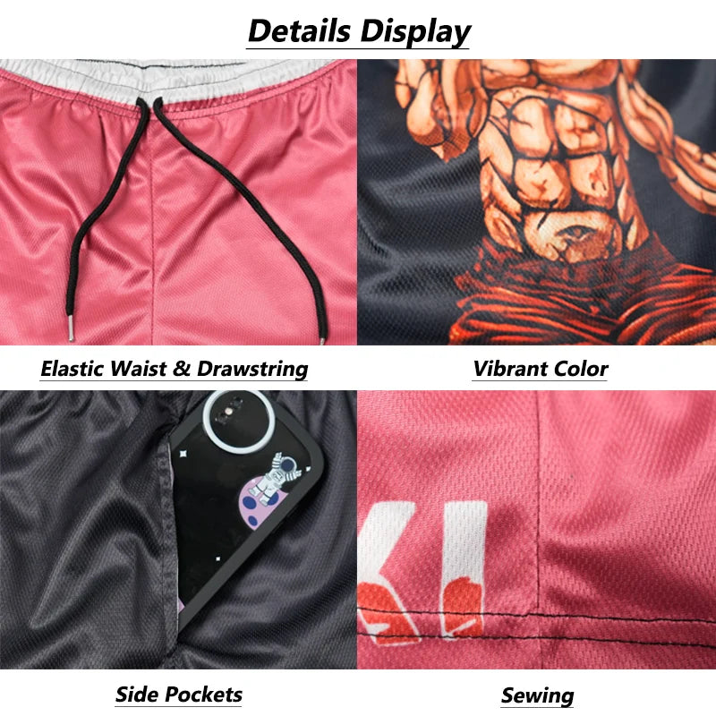 Product details including elastic waist, drawstring, vibrant color, side pockets, and sewing quality.