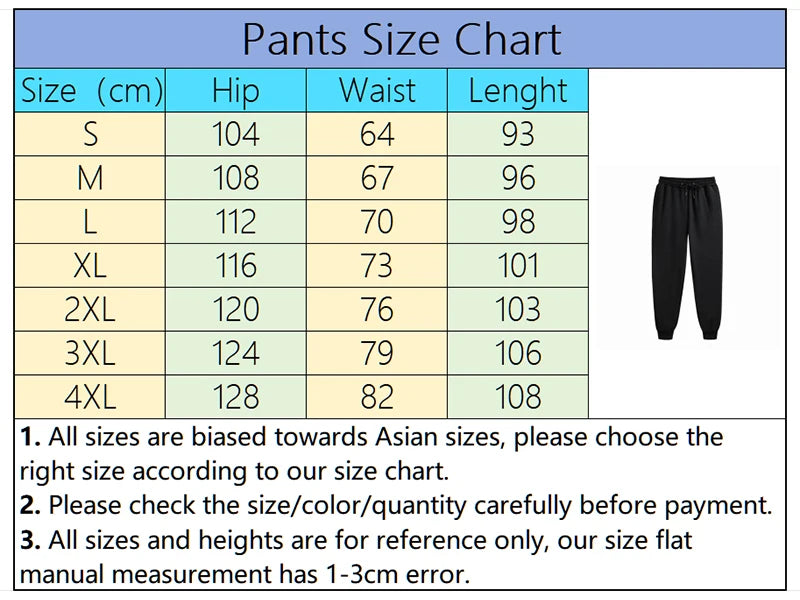 Pants size chart with measurements in centimeters for various sizes.