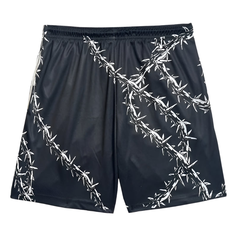 Black shorts with white barbed wire pattern on a white background