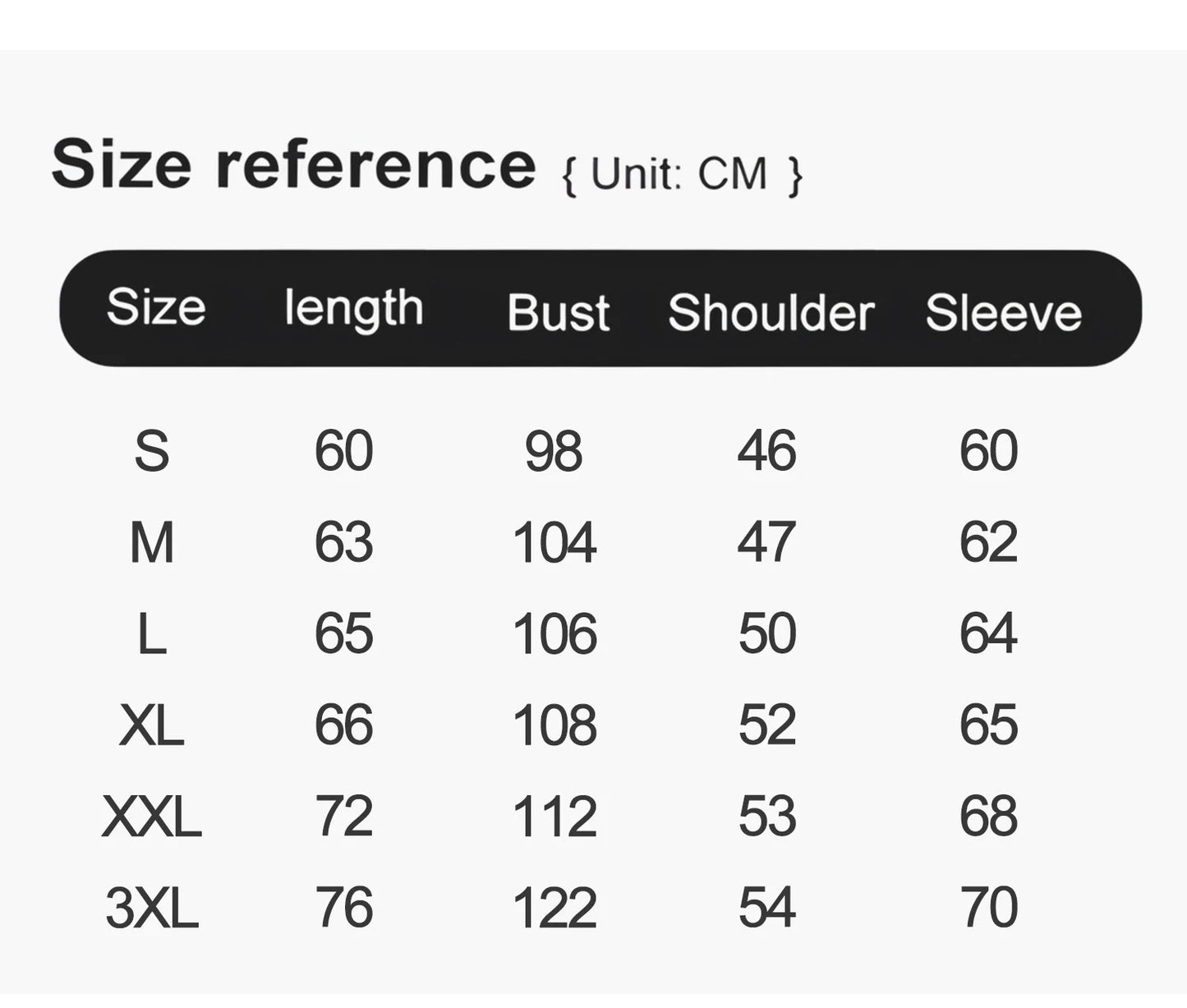 Size reference chart for clothing measurements in centimeters