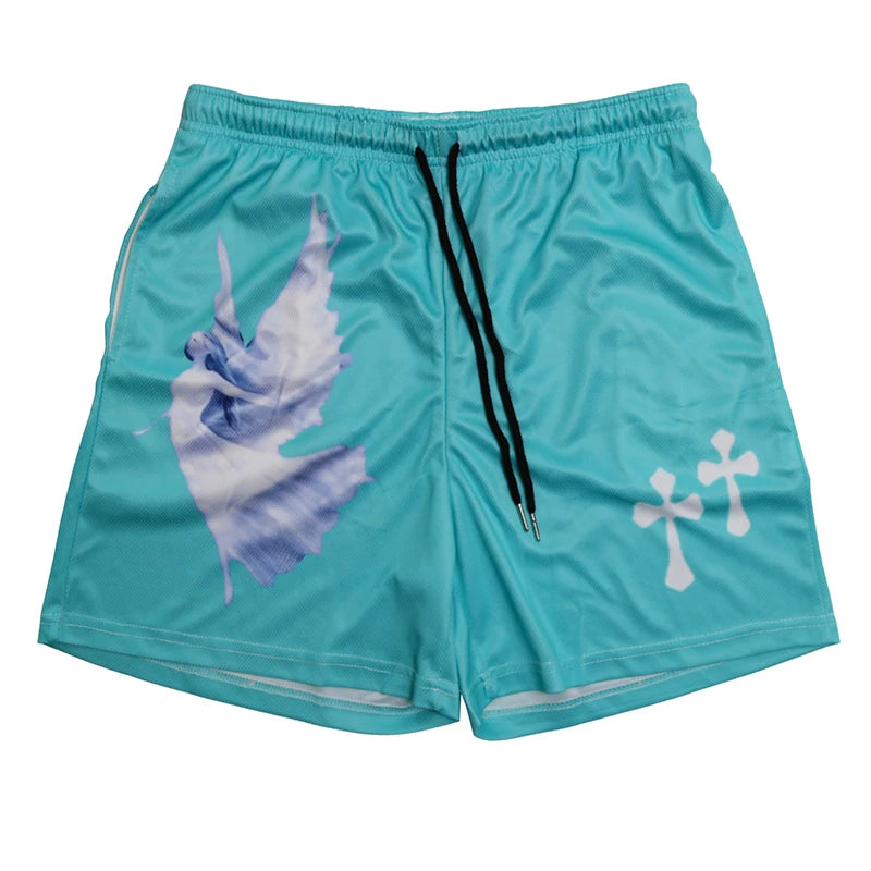 Turquoise shorts with a shell design and cross symbols on a white background