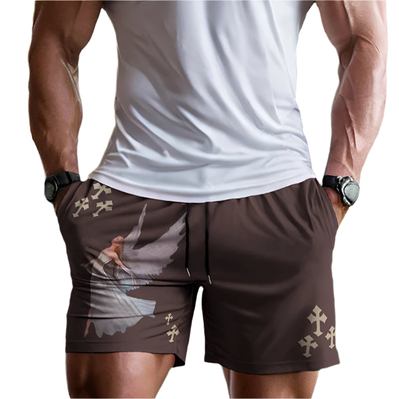 Person wearing a white t-shirt and brown shorts with a design, standing in a gym setting.