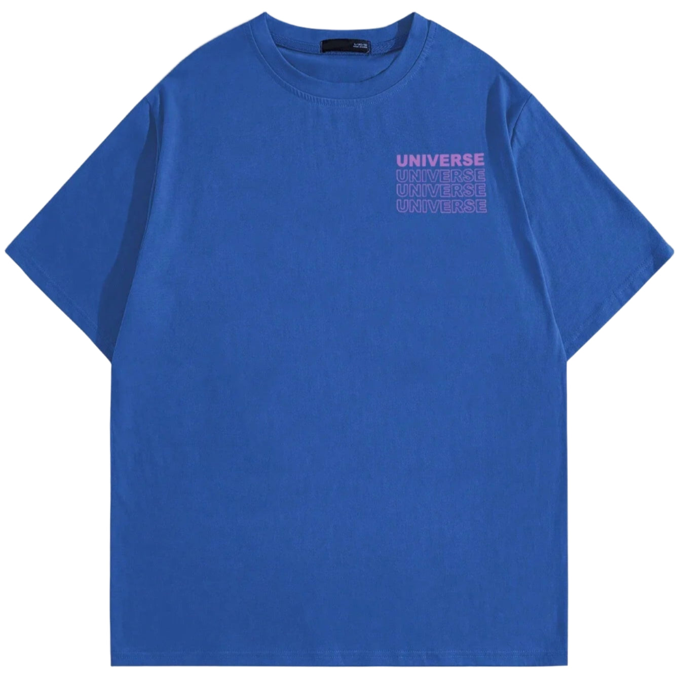 Blue t-shirt with pink text on a light gray background
