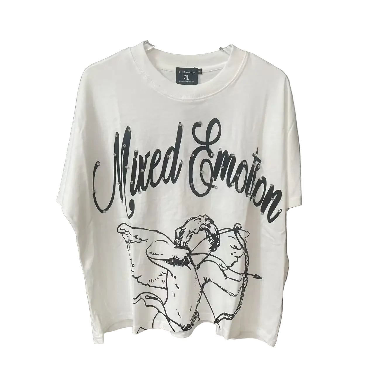White t-shirt with 'Mixed Emotion' text and graphic on a gray background