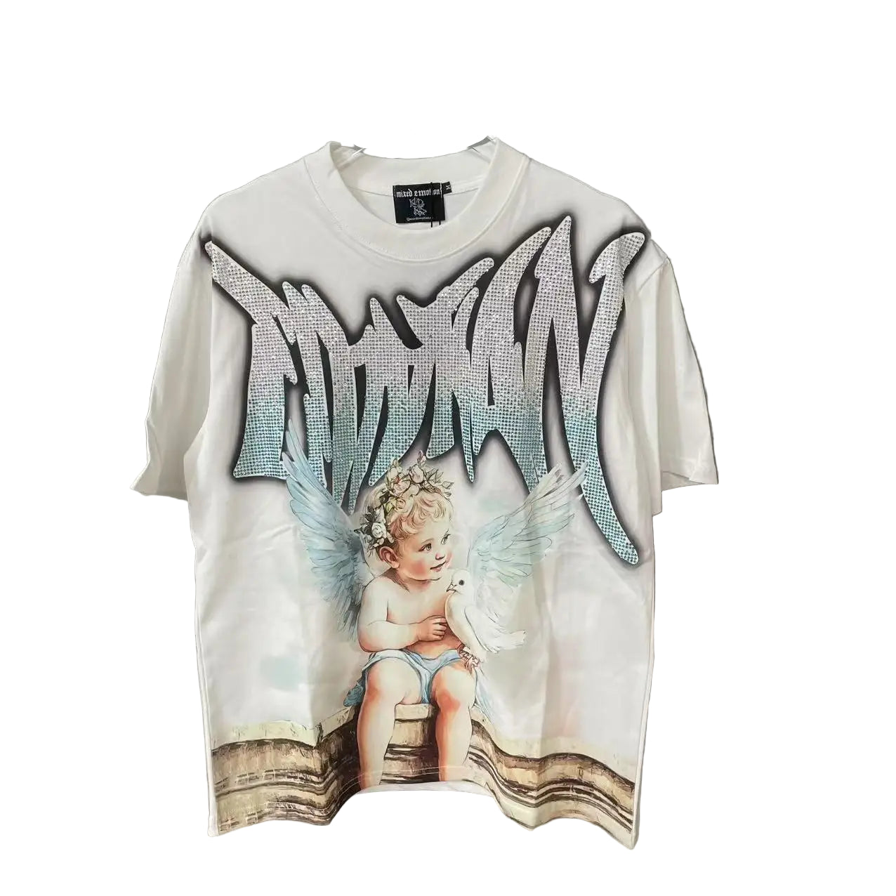 White t-shirt with angel graphic and text on a gray background