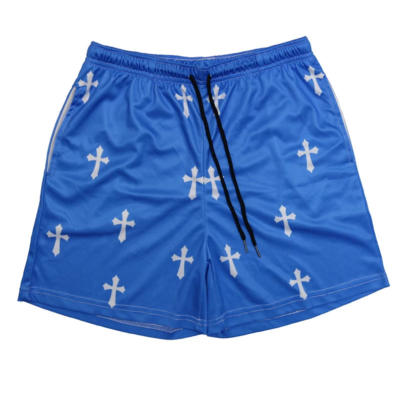 Blue shorts with white cross patterns on a white background