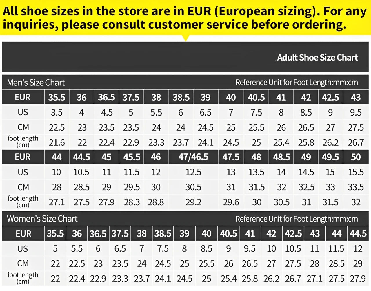 shoe size chart for men and women with conversion from US, EU, and CM.