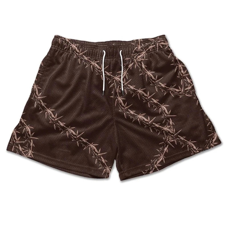 Brown shorts with barbed wire pattern on a white background